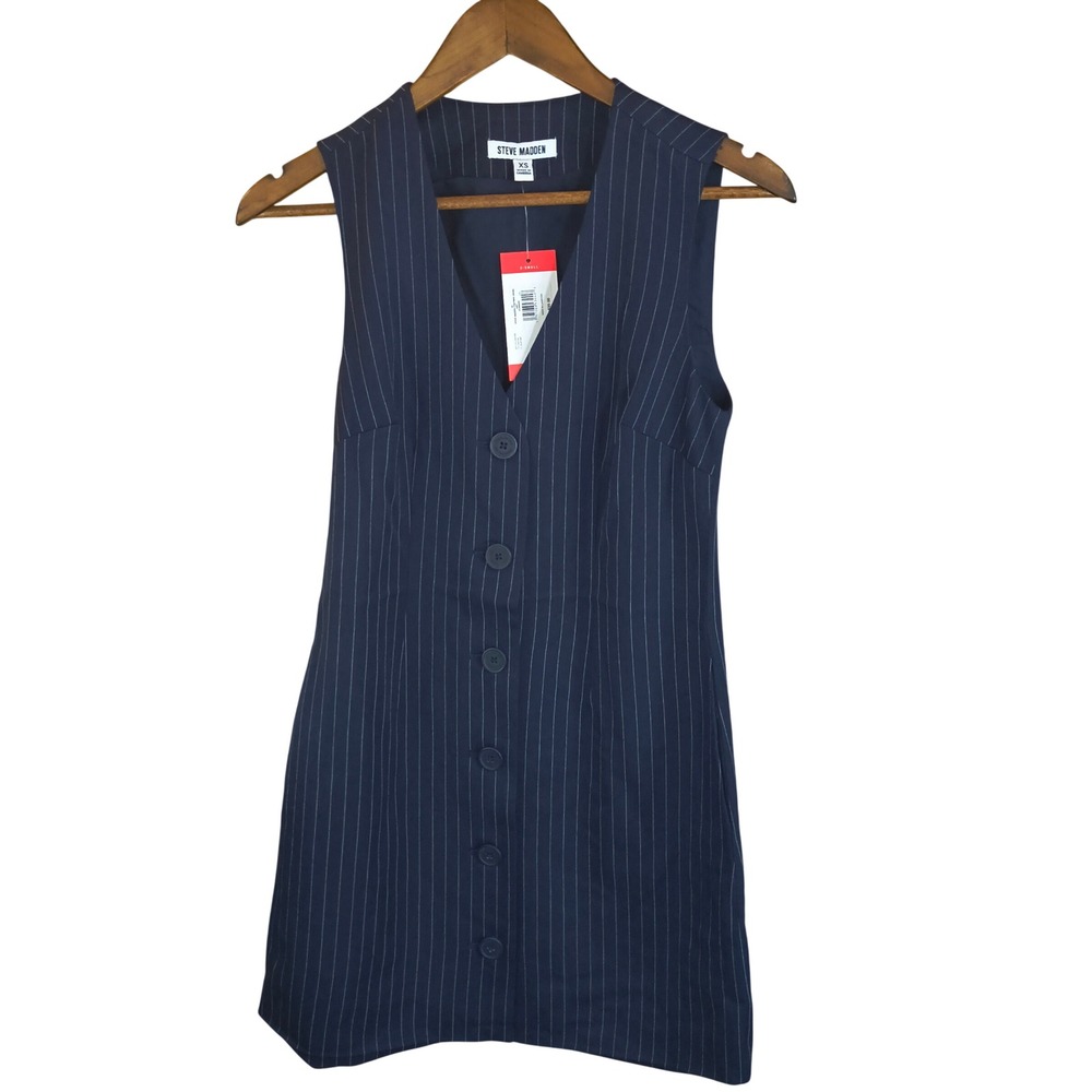 Steve Madden Pinstripe Button‎ Front Mini Dress XS Sleeveless Navy Office Career